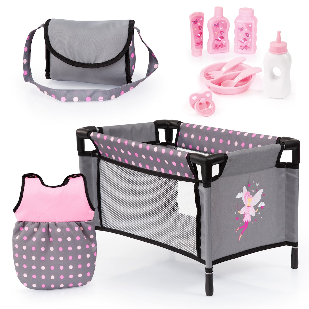 Bayer Design Black & Pink Dots Baby Doll Travel Bed & Accessories Set